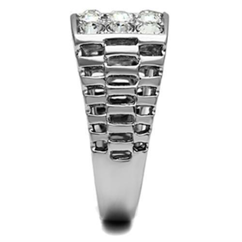 TK360 High Polished Stainless Steel Ring with clear Top Grade Crystal centerpiece, showcasing its elegant design and shiny finish.