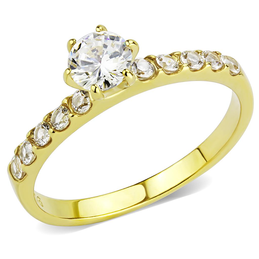 TK3605 IP Gold Stainless Steel Ring featuring a clear AAA Grade CZ stone, showcasing its elegant design and luxurious finish.