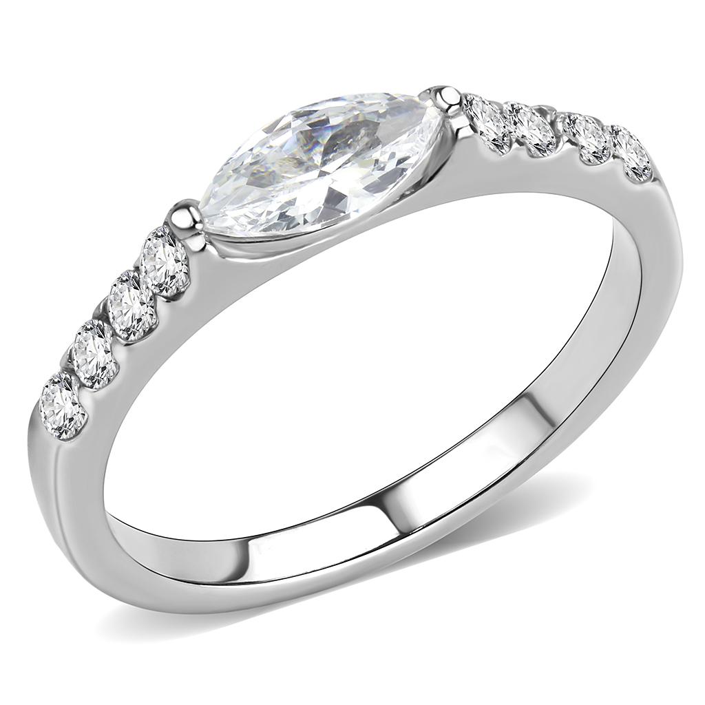 TK3607 No Plating Stainless Steel Ring featuring a clear AAA Grade CZ stone, showcasing its elegant design and high-quality material.