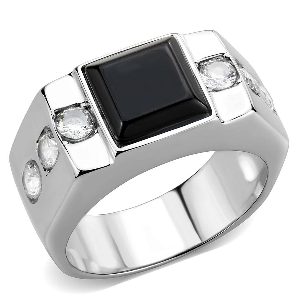 TK3615 High Polished Stainless Steel Ring featuring a synthetic onyx center stone in jet black color.