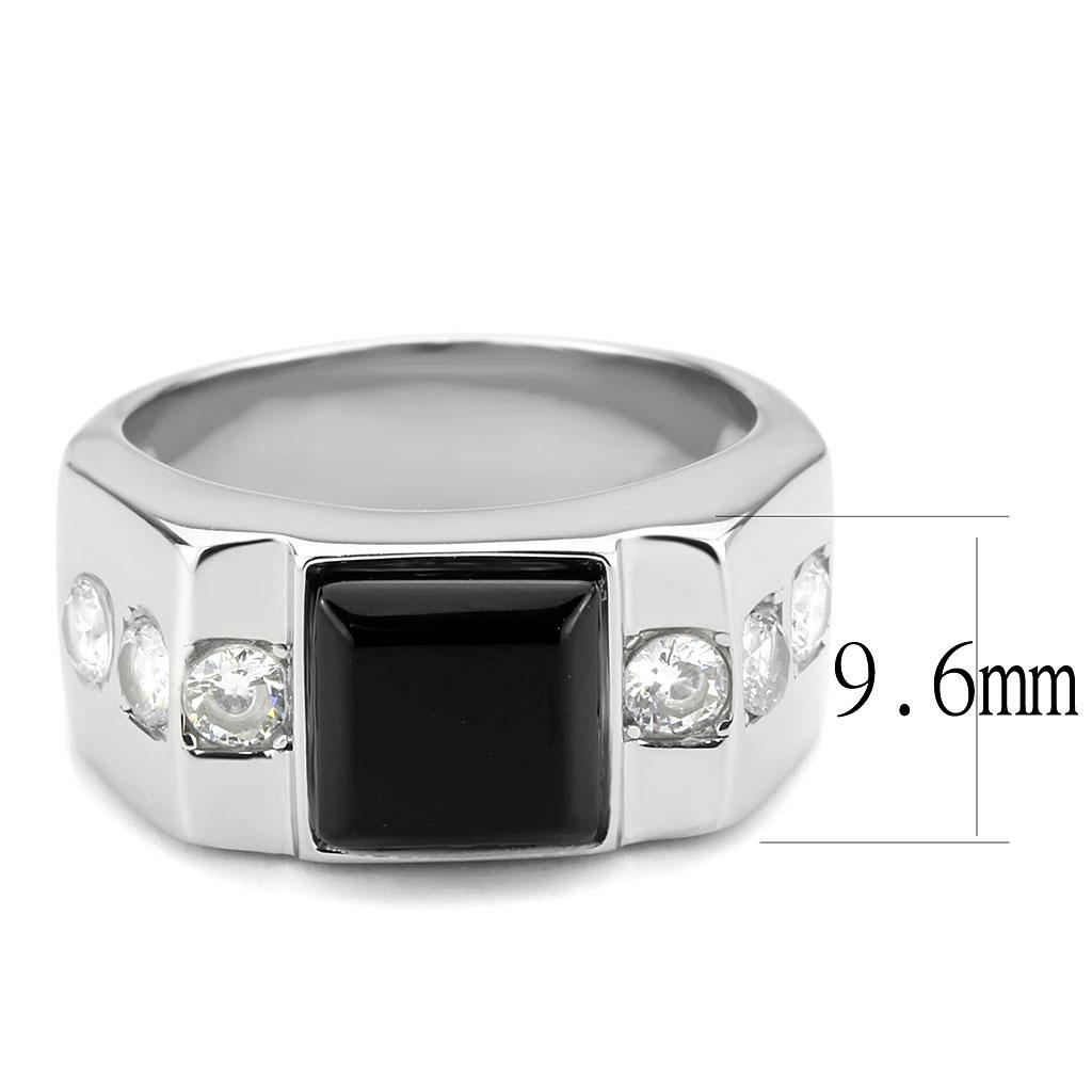 TK3615 High Polished Stainless Steel Ring featuring a synthetic onyx center stone in jet black color.