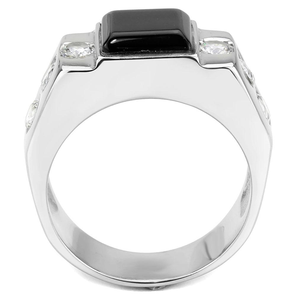 TK3615 High Polished Stainless Steel Ring featuring a synthetic onyx center stone in jet black color.