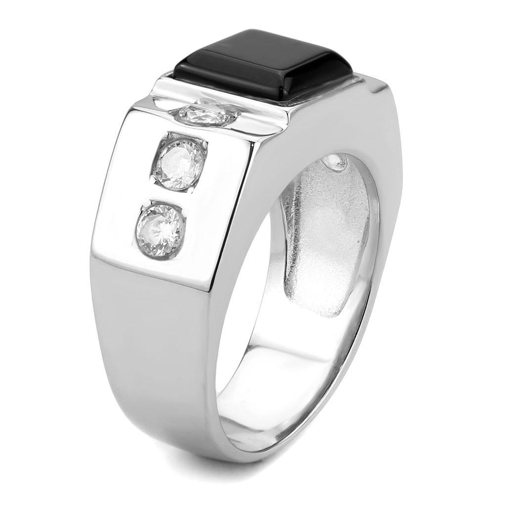 TK3615 High Polished Stainless Steel Ring featuring a synthetic onyx center stone in jet black color.