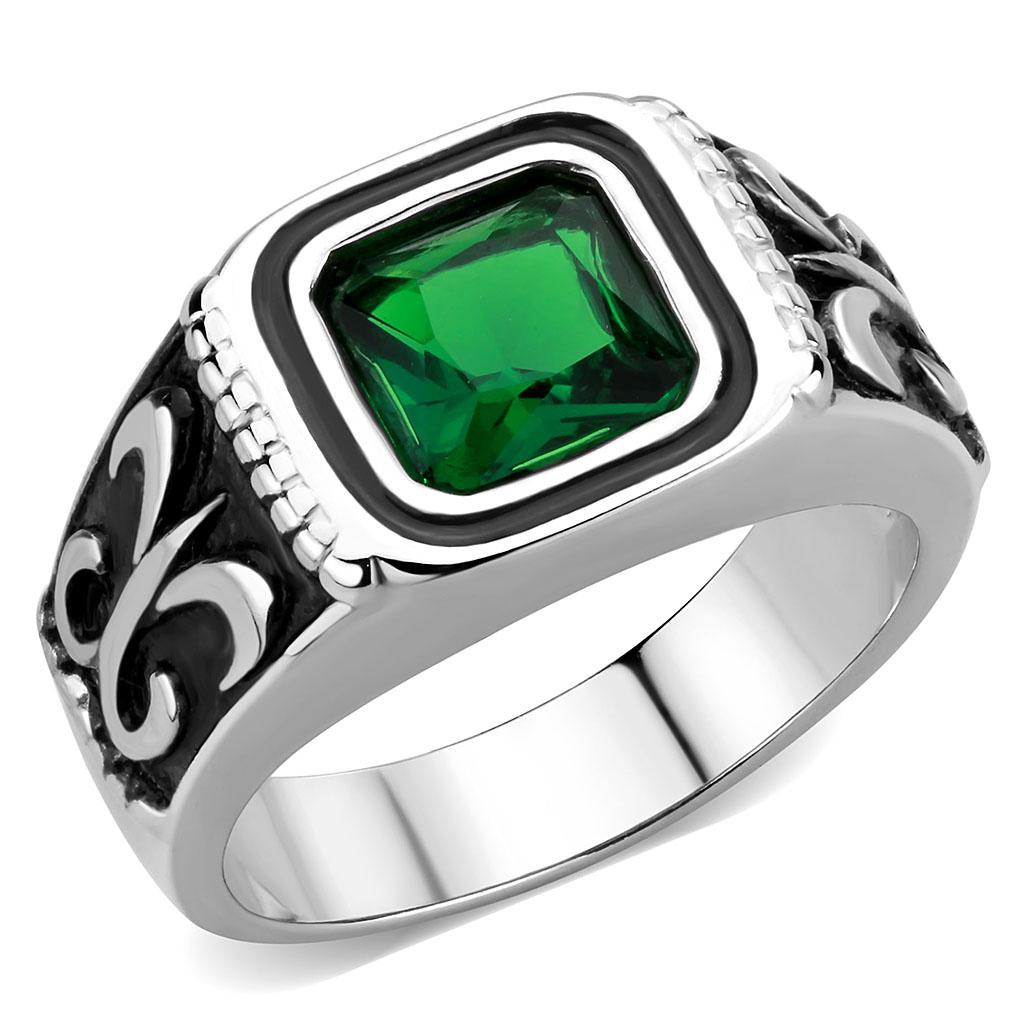 TK3616 High Polished Stainless Steel Ring featuring a synthetic emerald stone, showcasing a sleek and modern design.