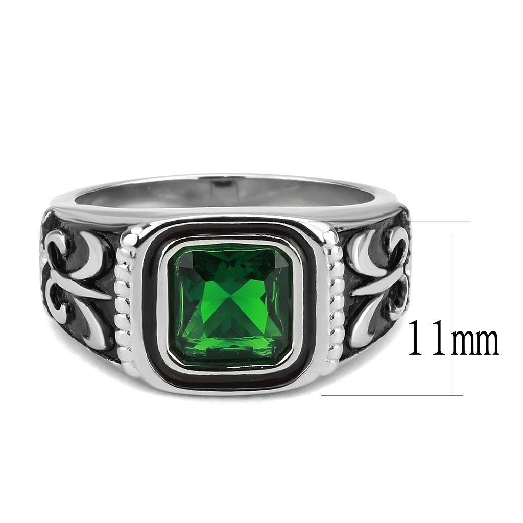 TK3616 High Polished Stainless Steel Ring featuring a synthetic emerald stone, showcasing a sleek and modern design.