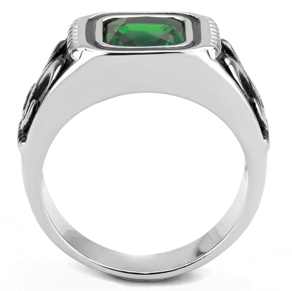 TK3616 High Polished Stainless Steel Ring featuring a synthetic emerald stone, showcasing a sleek and modern design.