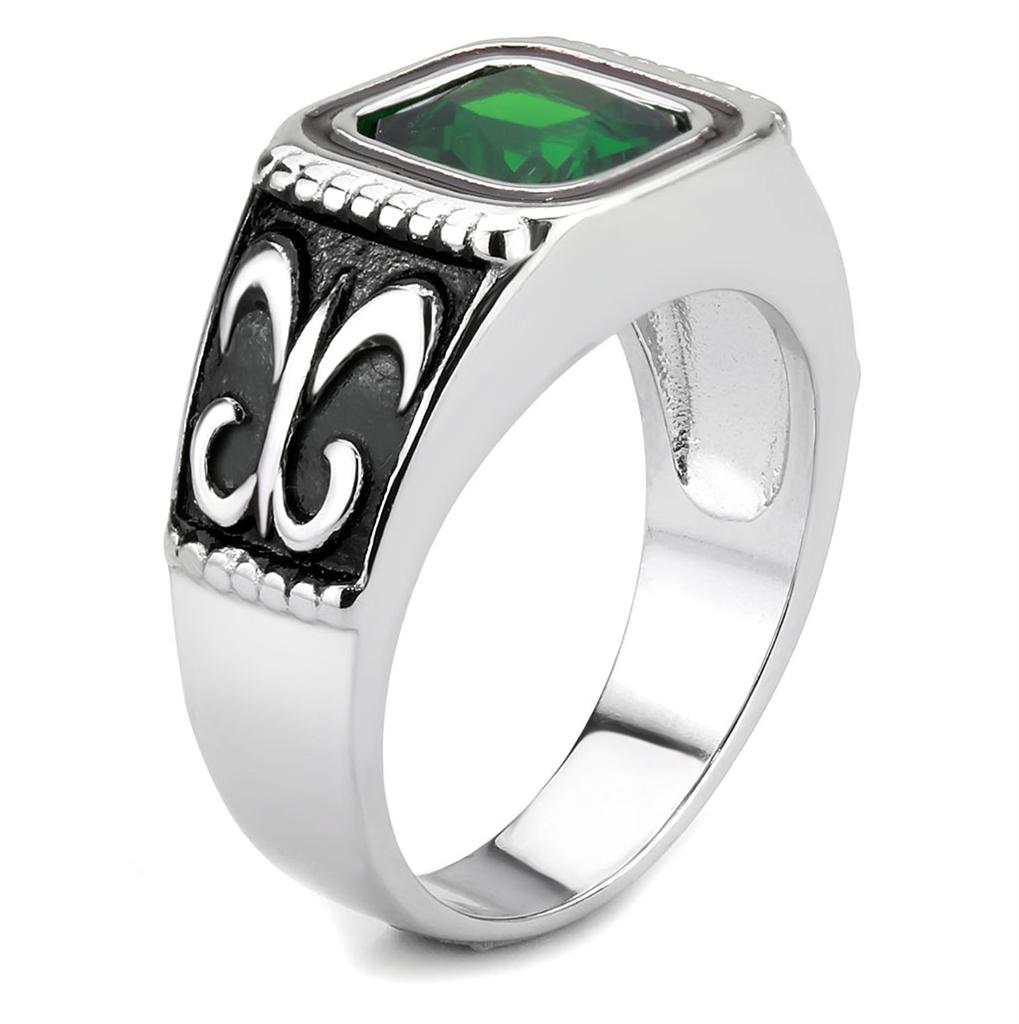 TK3616 High Polished Stainless Steel Ring featuring a synthetic emerald stone, showcasing a sleek and modern design.