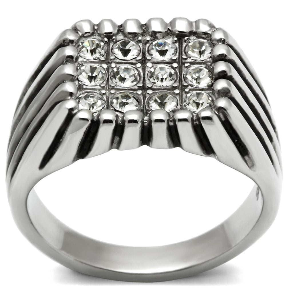 TK363 High Polished Stainless Steel Ring featuring a clear top grade crystal center stone, showcasing a shiny finish.