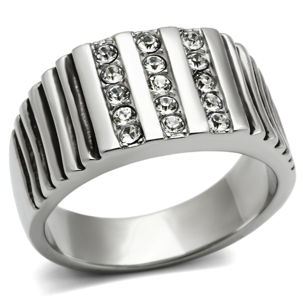 TK364 High Polished Stainless Steel Ring featuring a clear top grade crystal, showcasing its elegant design and shiny finish.