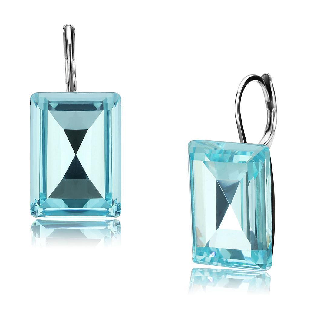 High polished stainless steel earrings featuring a sea blue top grade crystal, elegantly designed for everyday wear.