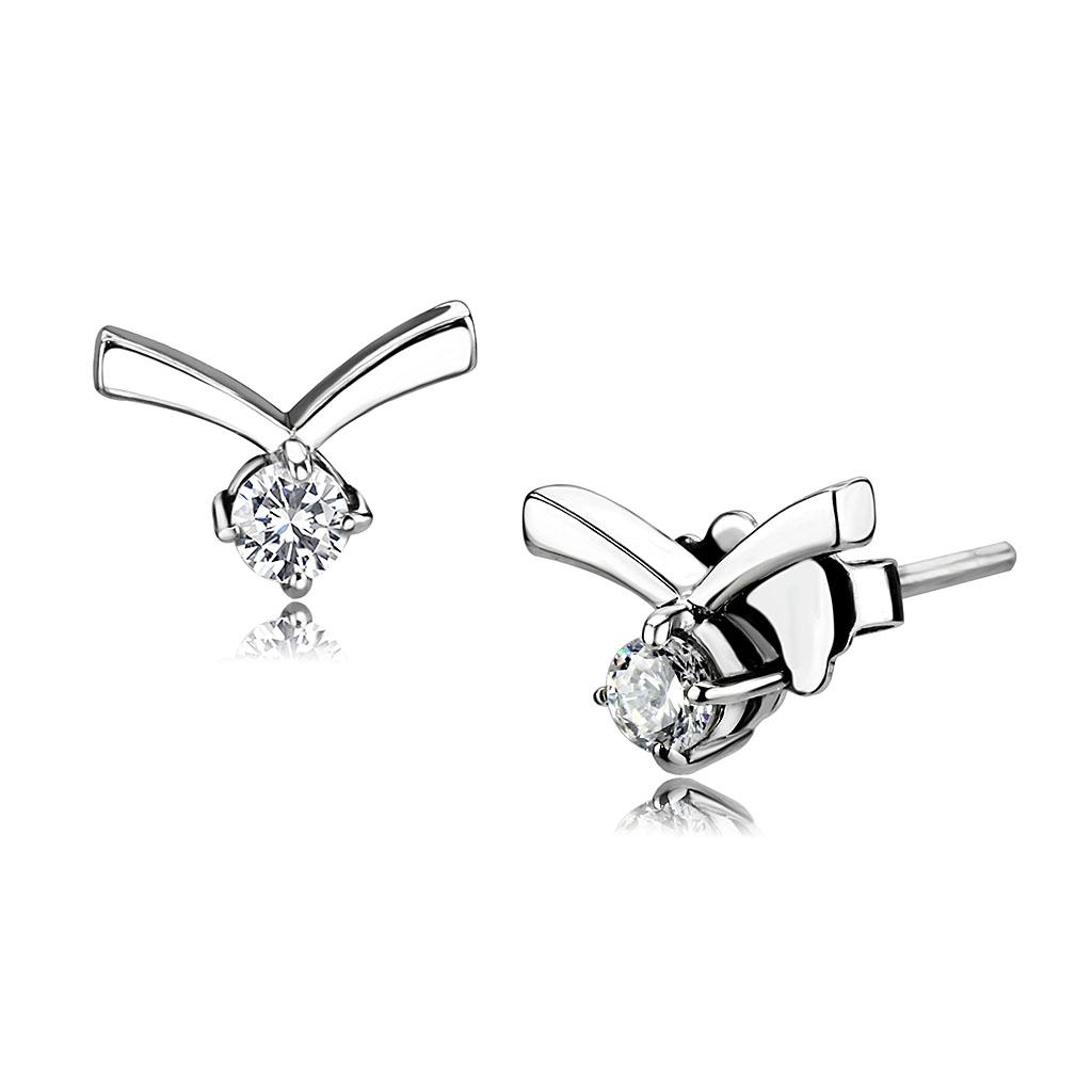 High polished stainless steel earrings featuring AAA grade clear cubic zirconia center stone, showcasing a brilliant shine.