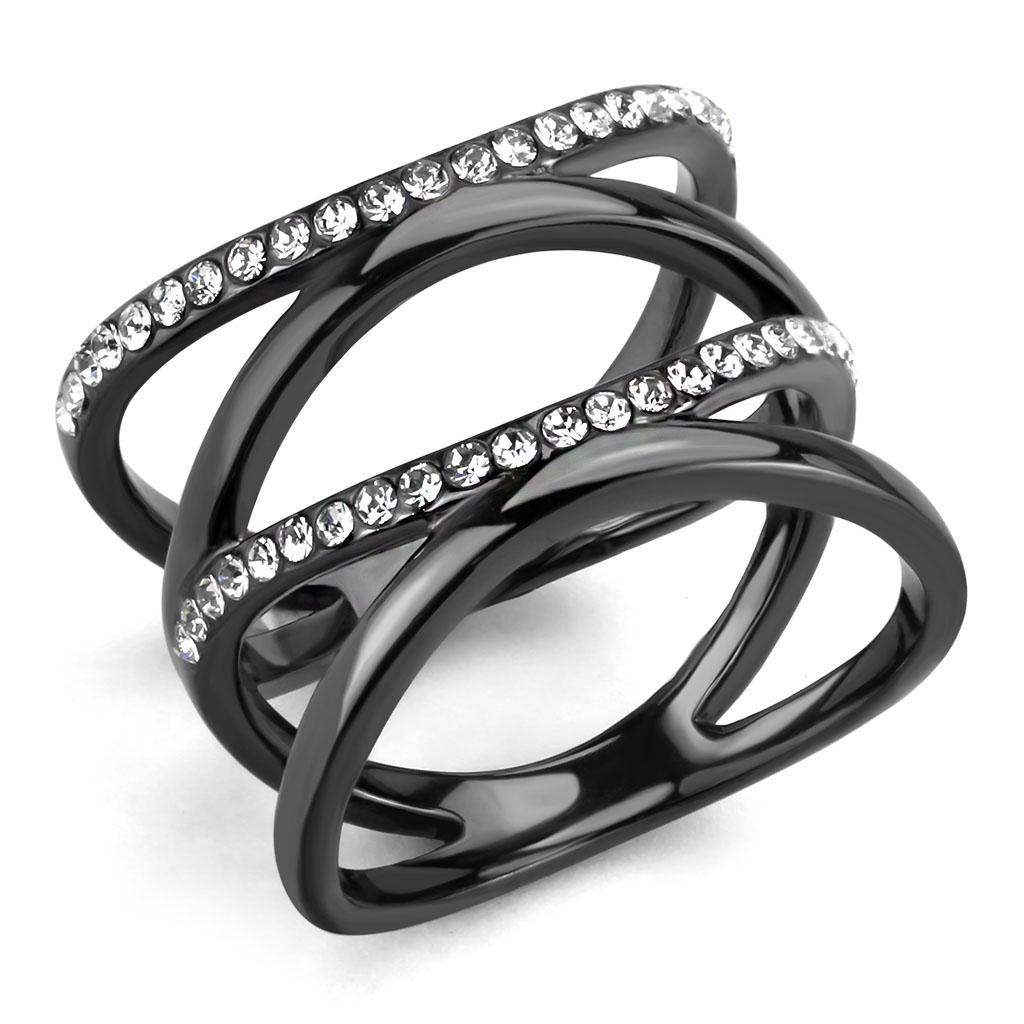 TK3689 IP Light Black Stainless Steel Ring featuring a top-grade clear crystal, showcasing a modern and elegant design.