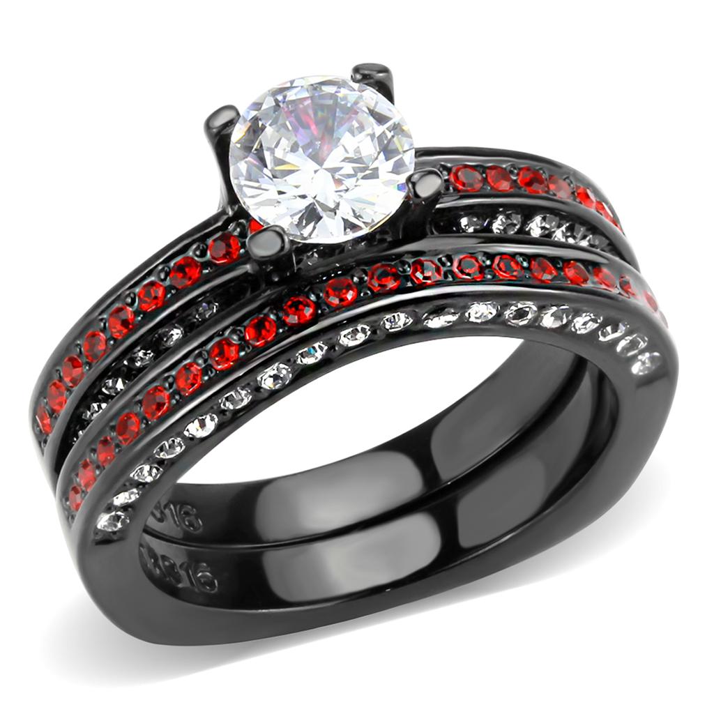 TK3695 IP Black Stainless Steel Ring featuring AAA Grade CZ, showcasing its elegant design and clear center stone.