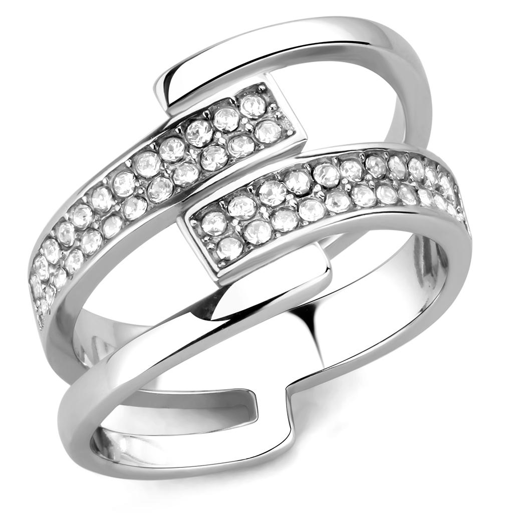 TK3702 High Polished Stainless Steel Ring featuring a clear top-grade crystal, showcasing a sleek and modern design.