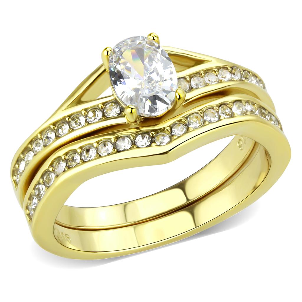 TK3706 IP Gold Stainless Steel Ring featuring a clear AAA Grade CZ center stone, showcasing a luxurious and elegant design.