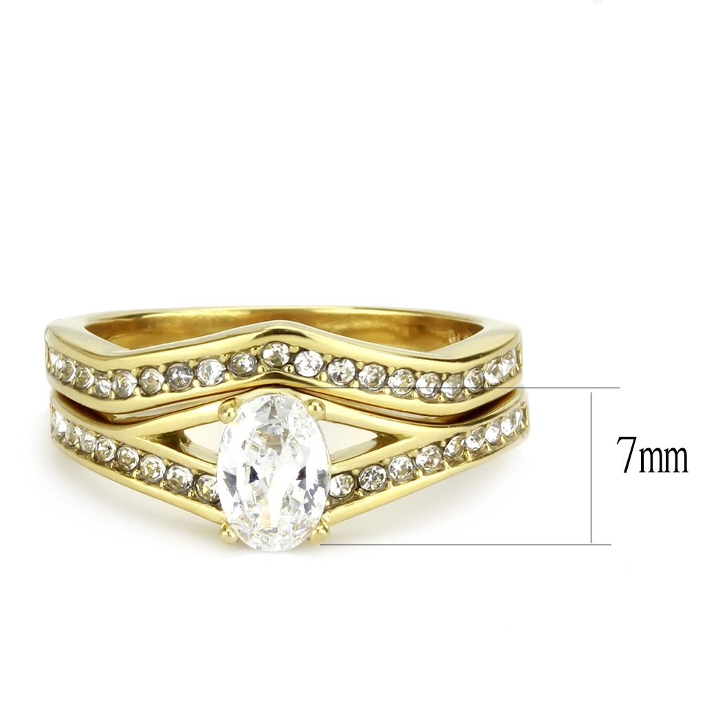 TK3706 IP Gold Stainless Steel Ring featuring a clear AAA Grade CZ center stone, showcasing a luxurious and elegant design.