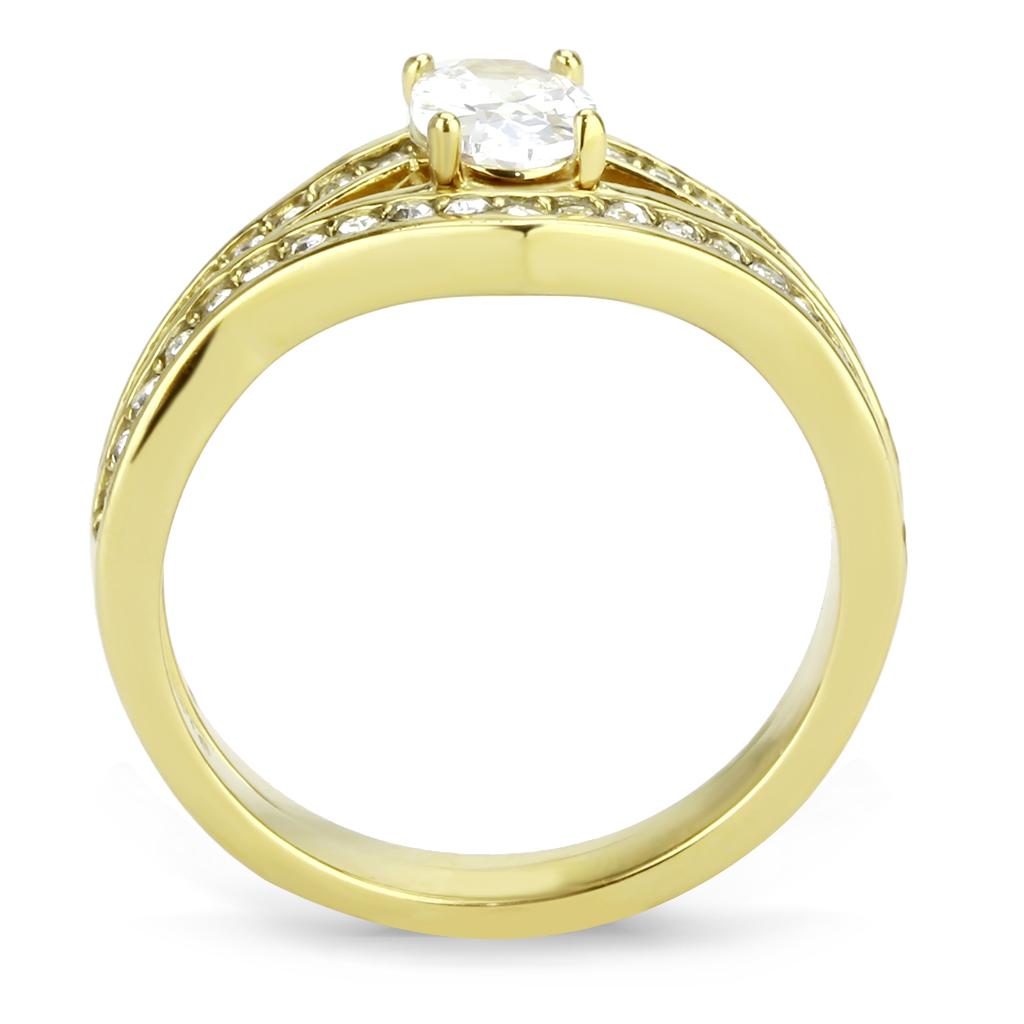 TK3706 IP Gold Stainless Steel Ring featuring a clear AAA Grade CZ center stone, showcasing a luxurious and elegant design.