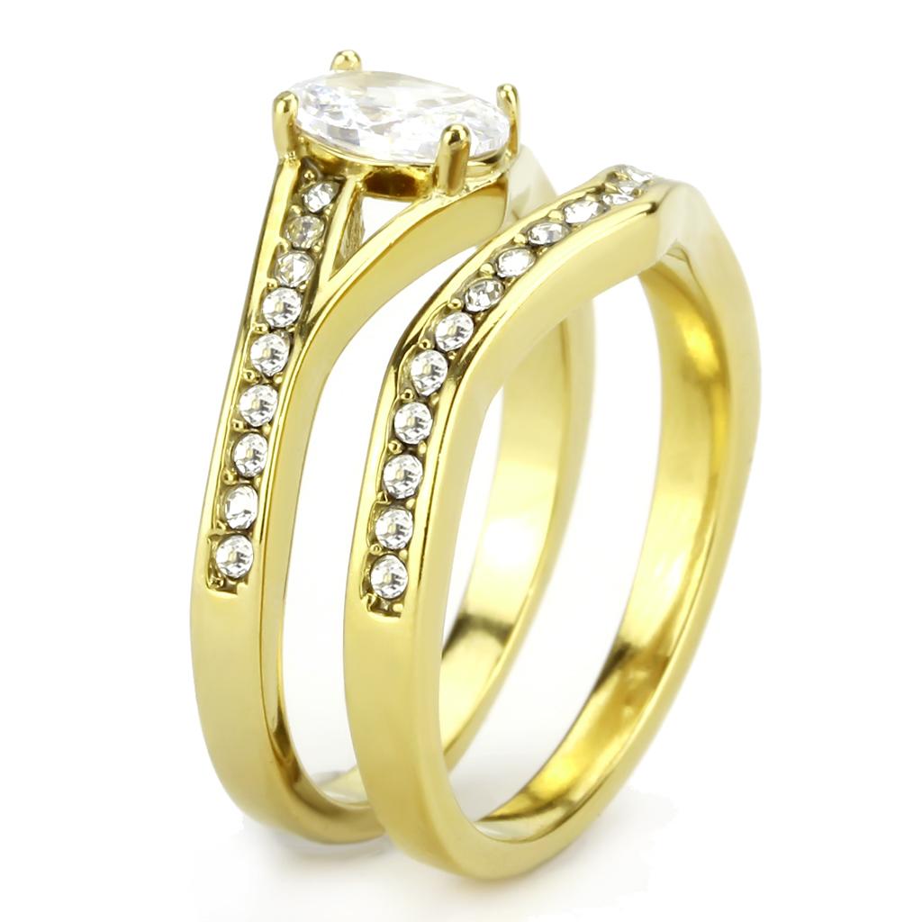 TK3706 IP Gold Stainless Steel Ring featuring a clear AAA Grade CZ center stone, showcasing a luxurious and elegant design.