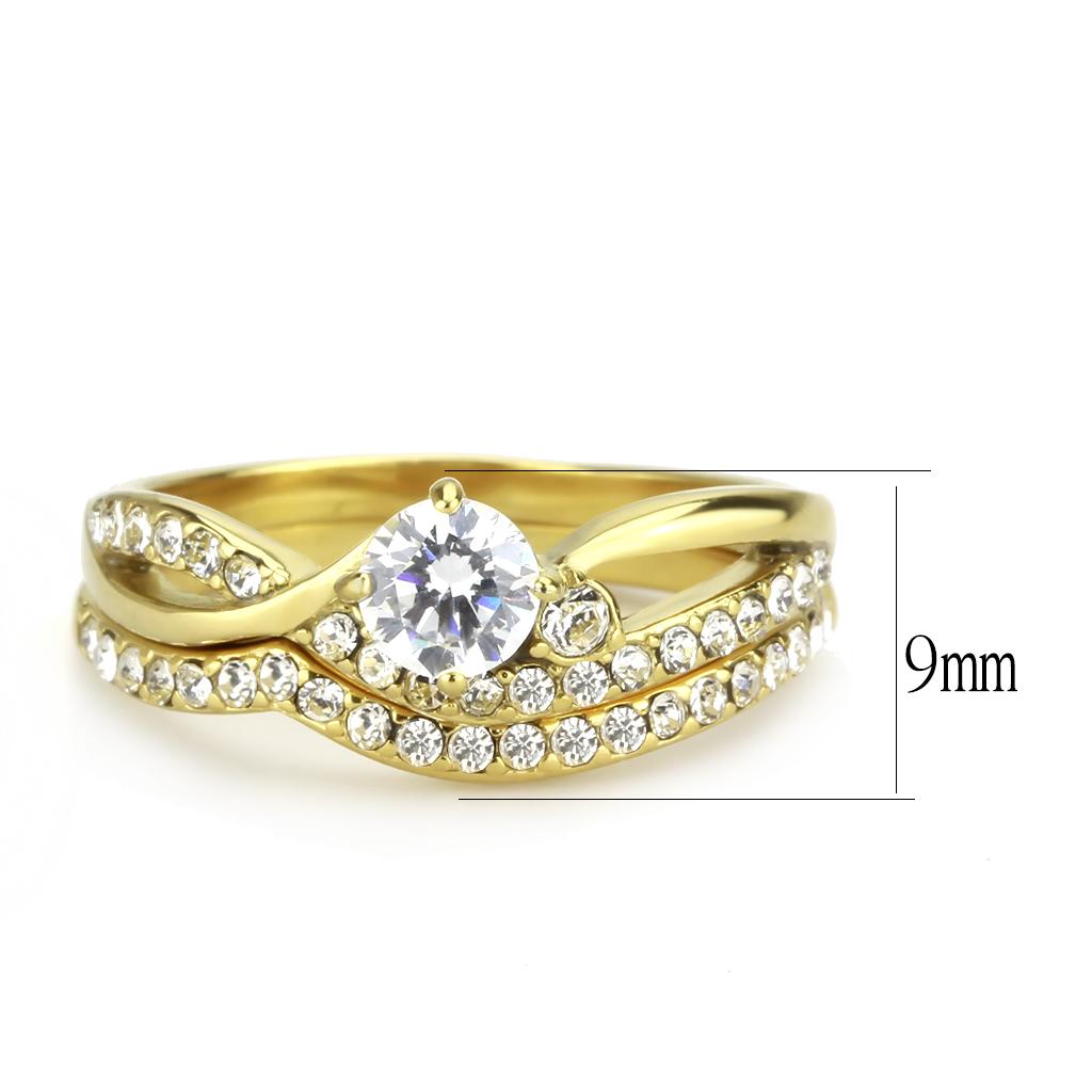 TK3708 IP Gold Stainless Steel Ring featuring a clear AAA Grade CZ center stone, showcasing a luxurious and elegant design.