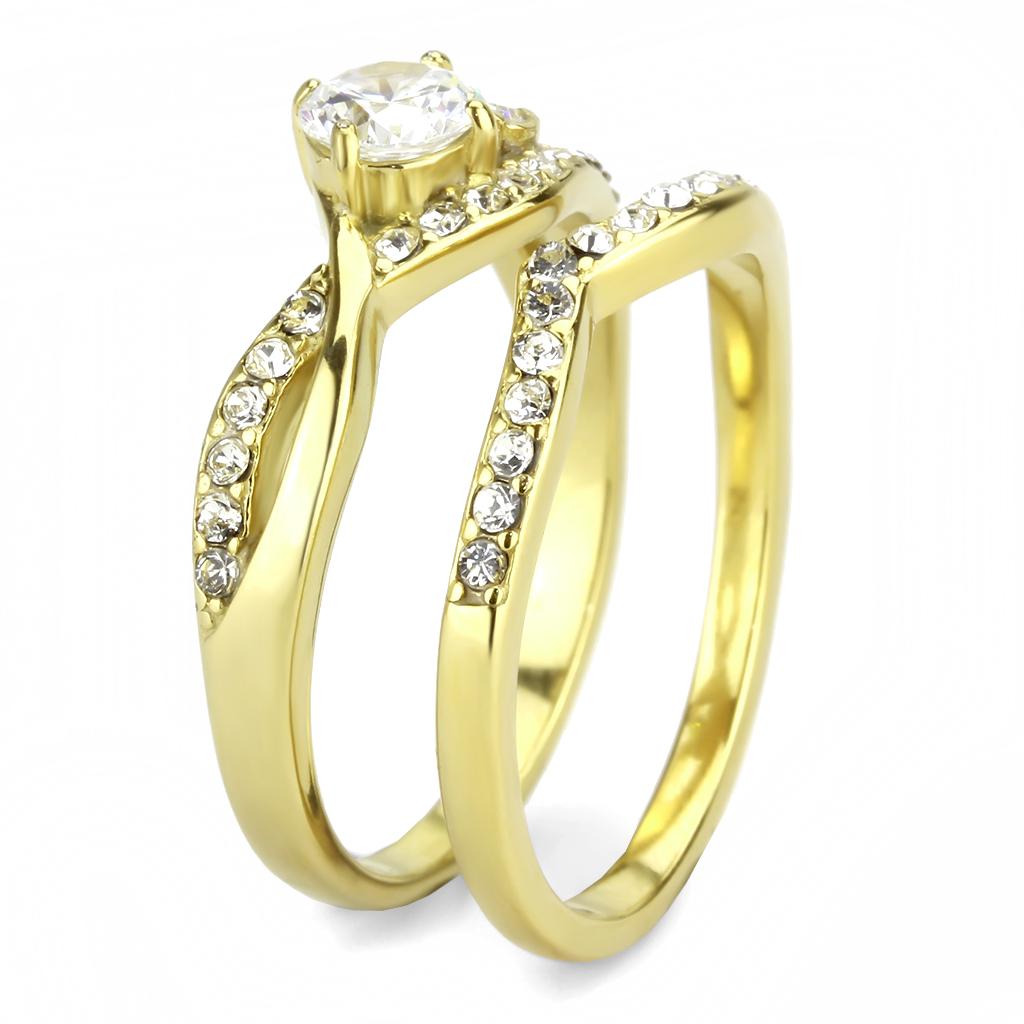 TK3708 IP Gold Stainless Steel Ring featuring a clear AAA Grade CZ center stone, showcasing a luxurious and elegant design.