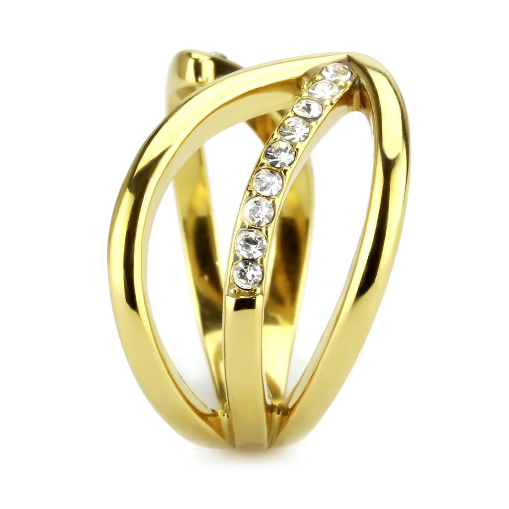 TK3710 IP Gold Stainless Steel Ring featuring a clear top-grade crystal centerpiece, showcasing a luxurious and elegant design.