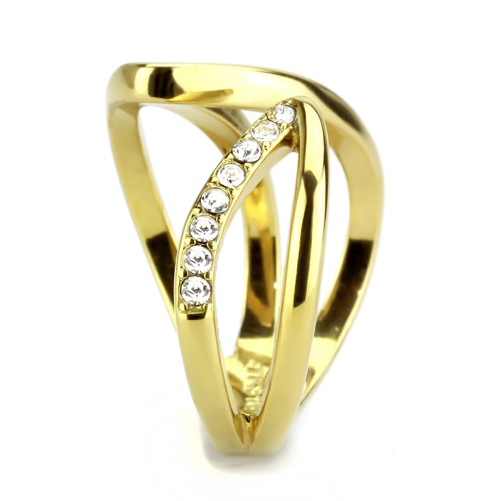 TK3710 IP Gold Stainless Steel Ring featuring a clear top-grade crystal centerpiece, showcasing a luxurious and elegant design.