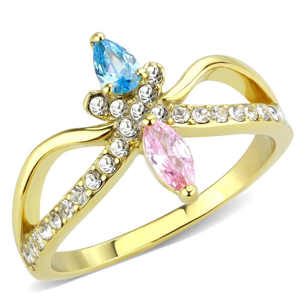 TK3712 IP Gold Stainless Steel Ring featuring AAA Grade CZ center stone in multi-color, showcasing its elegant design and luxurious finish.