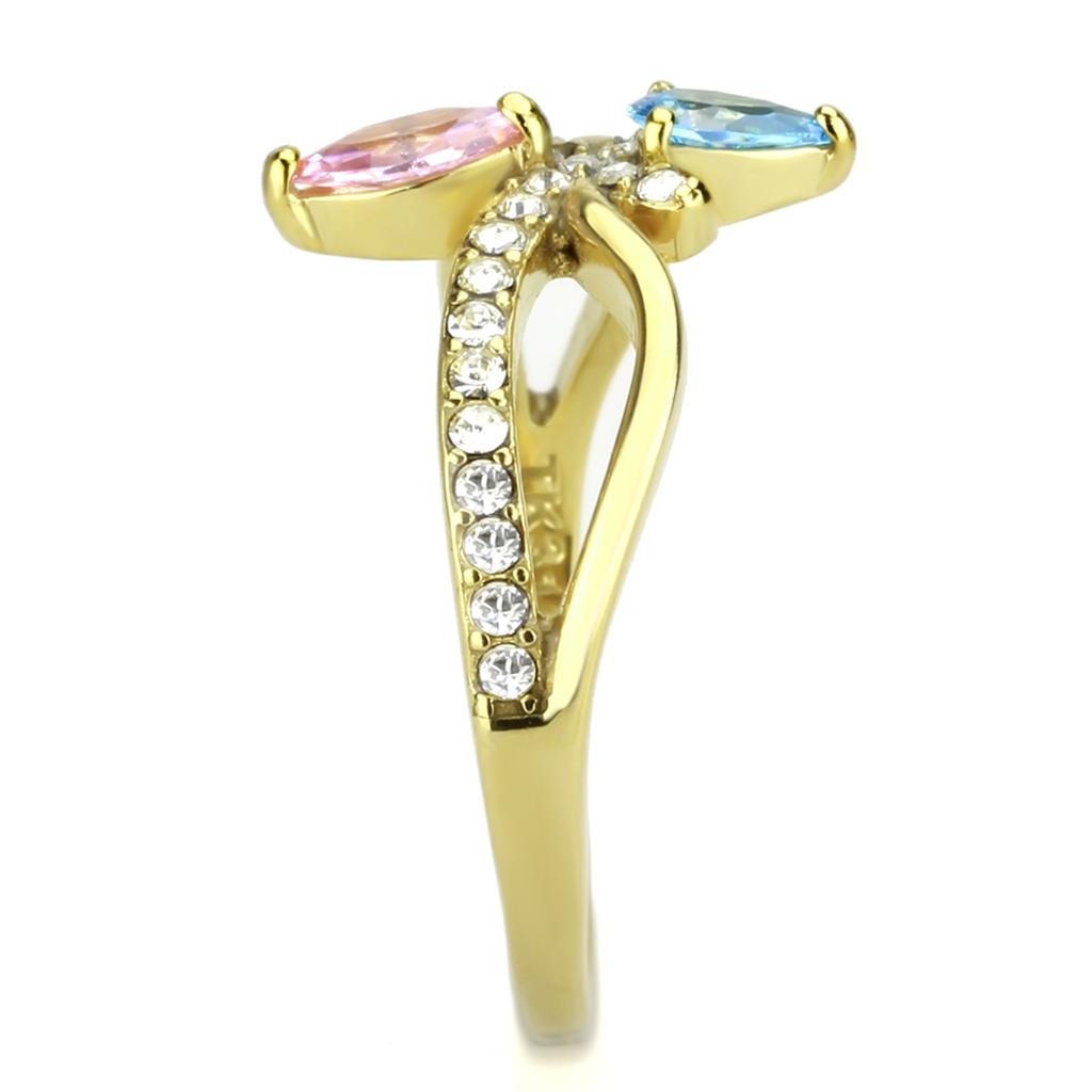 TK3712 IP Gold Stainless Steel Ring featuring AAA Grade CZ center stone in multi-color, showcasing its elegant design and luxurious finish.