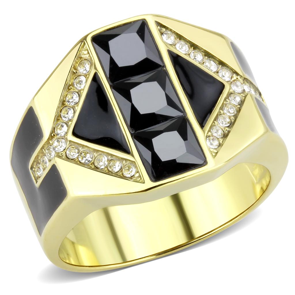 TK3721 IP Gold Stainless Steel Ring featuring AAA Grade CZ in black diamond color, showcasing its elegant design and luxurious finish.