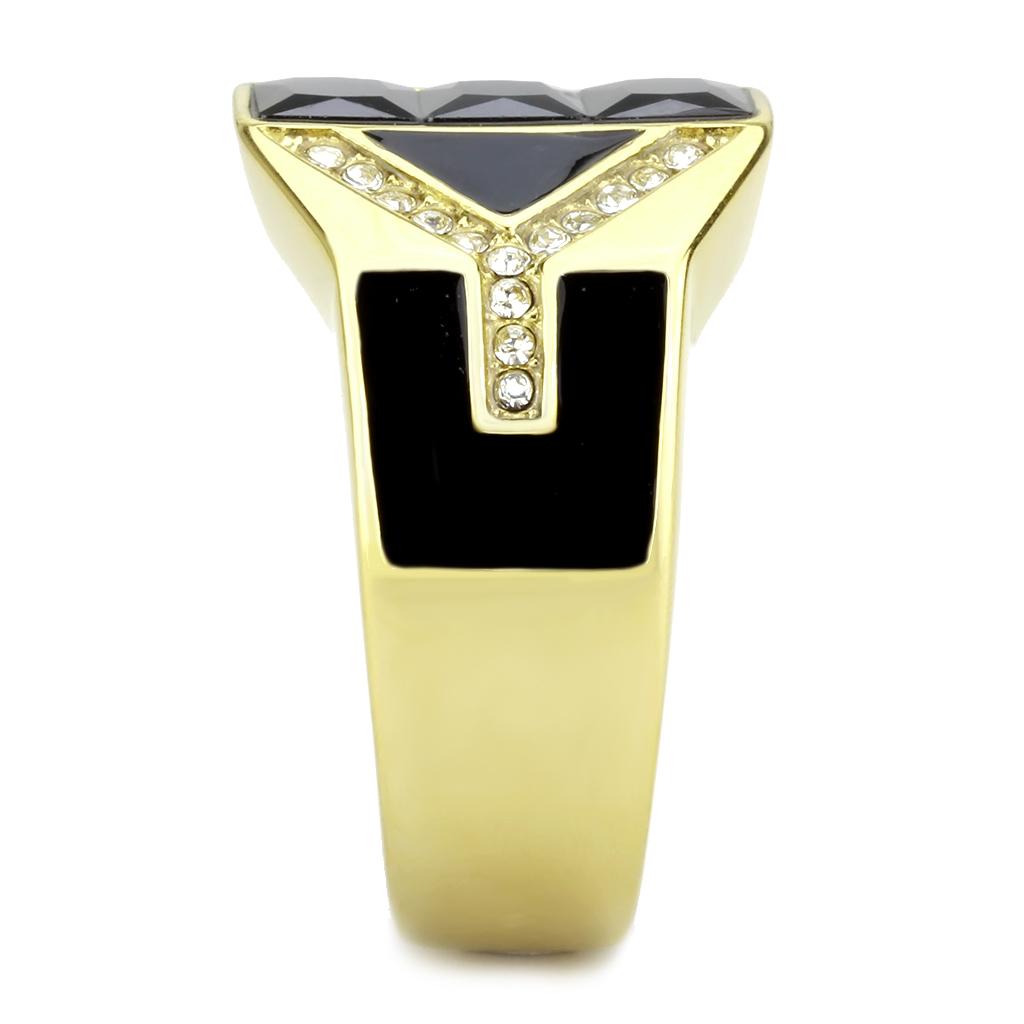 TK3721 IP Gold Stainless Steel Ring featuring AAA Grade CZ in black diamond color, showcasing its elegant design and luxurious finish.