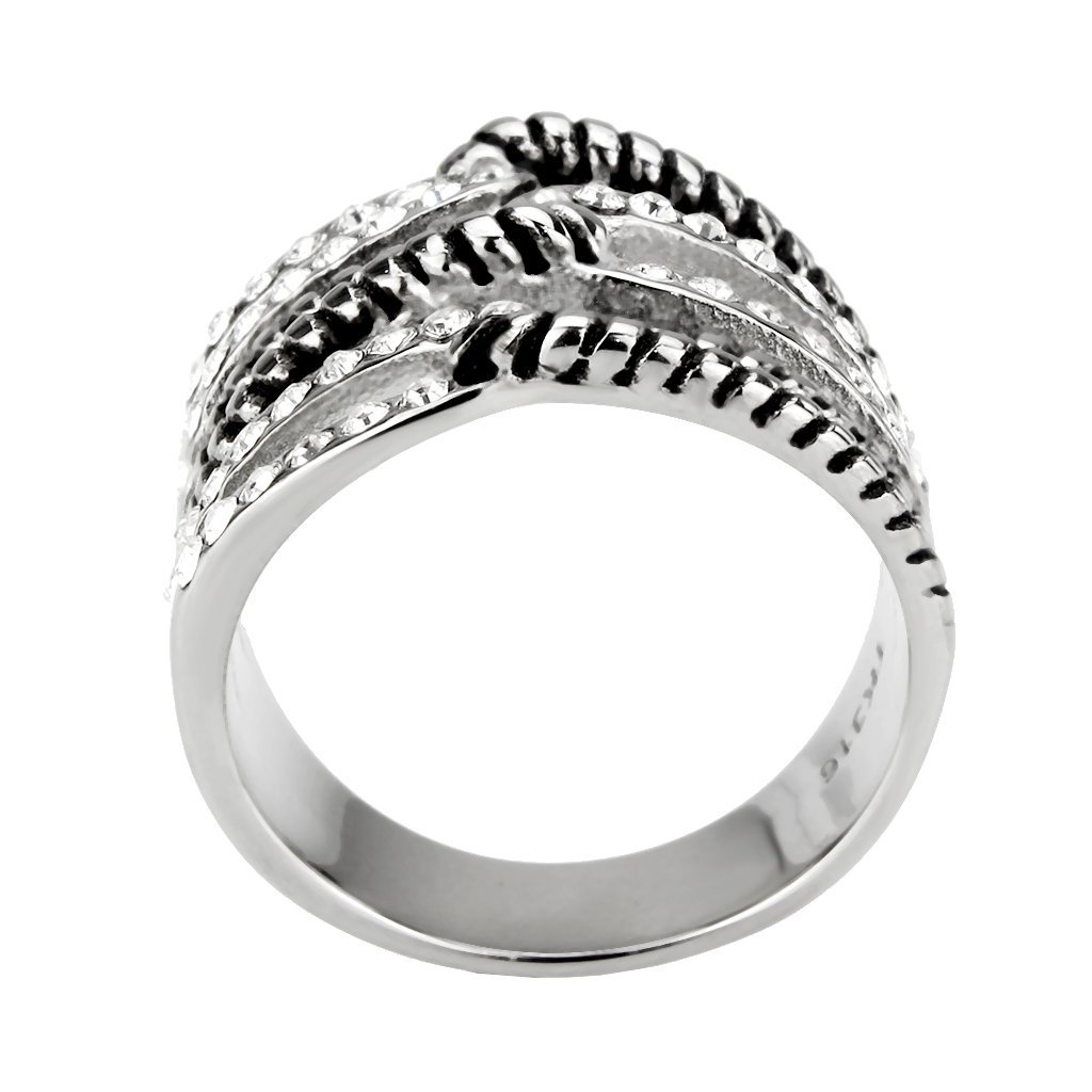 TK3733 High Polished Stainless Steel Ring featuring a clear top grade crystal, showcasing its elegant design and shiny finish.