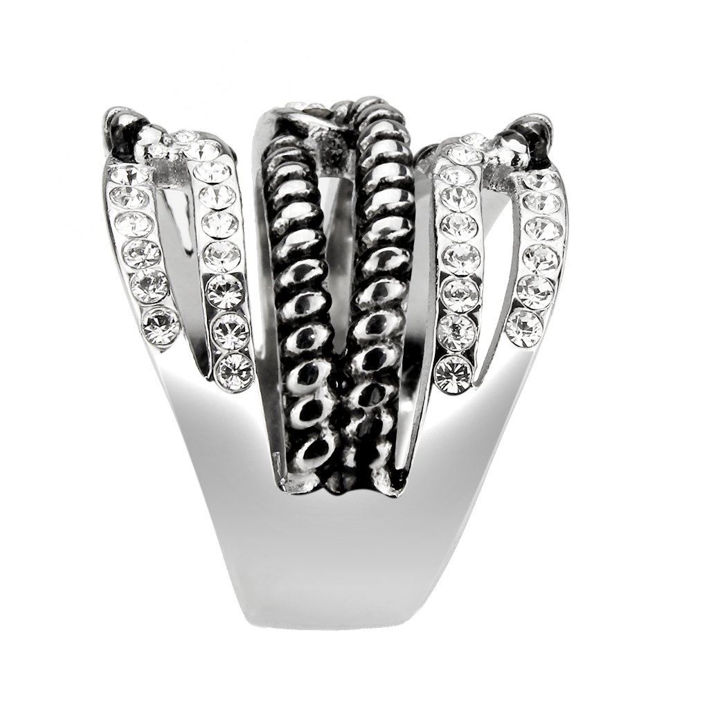 TK3733 High Polished Stainless Steel Ring featuring a clear top grade crystal, showcasing its elegant design and shiny finish.