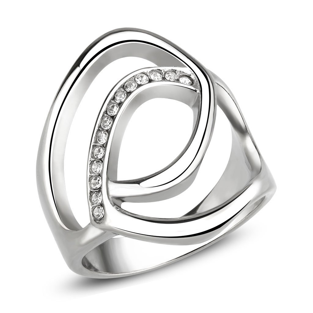 TK3731 High Polished Stainless Steel Ring featuring a clear top grade crystal, showcasing its elegant design and shiny finish.