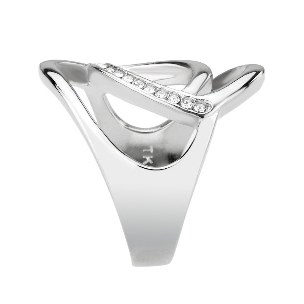 TK3731 High Polished Stainless Steel Ring featuring a clear top grade crystal, showcasing its elegant design and shiny finish.