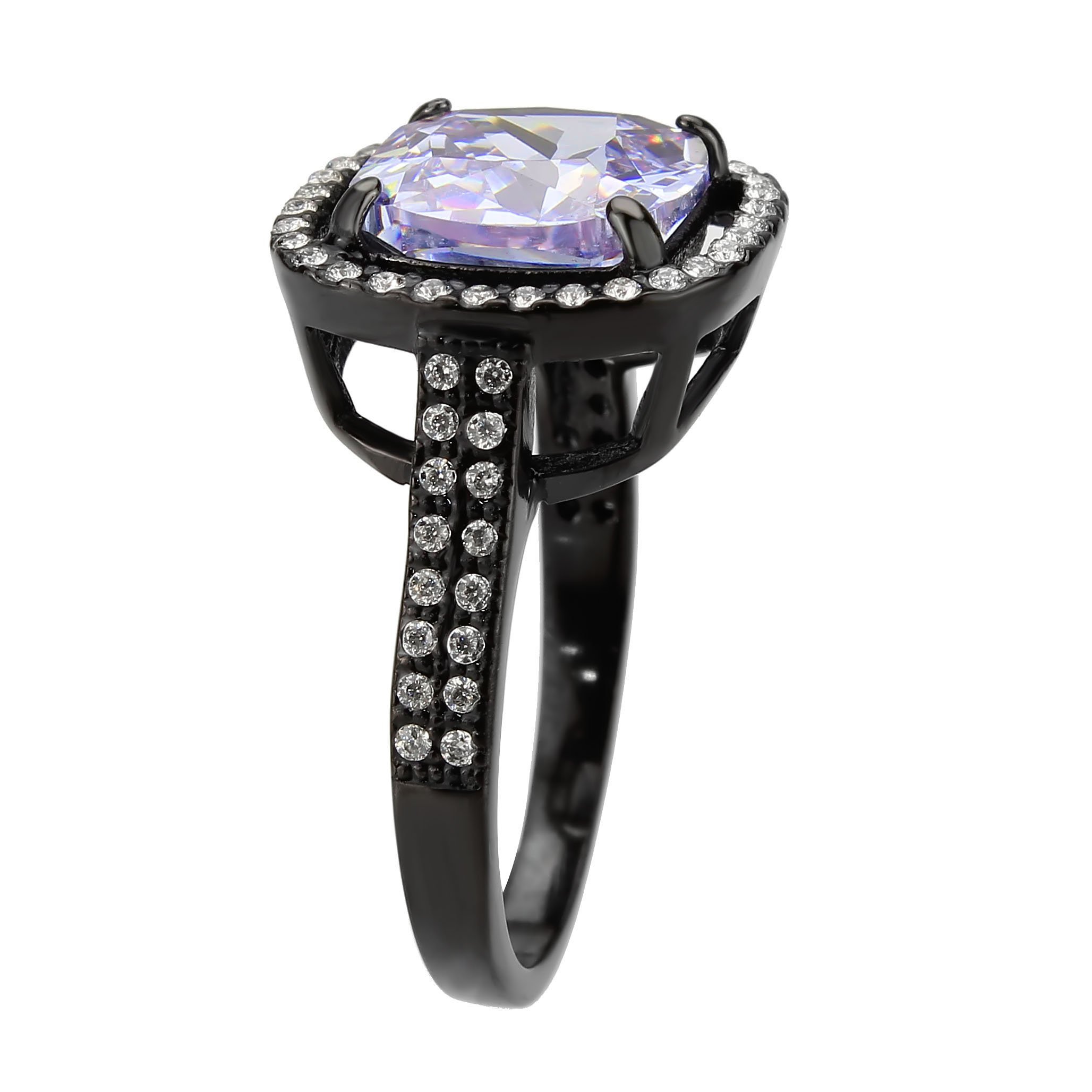 TK3734 IP Black Stainless Steel Ring featuring a cushion cut AAA Grade CZ in light amethyst color, showcasing its elegant design.