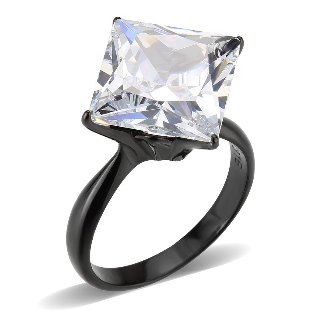 TK3736 IP Black Stainless Steel Ring featuring a clear AAA Grade CZ princess cut stone, showcasing modern elegance and durability.