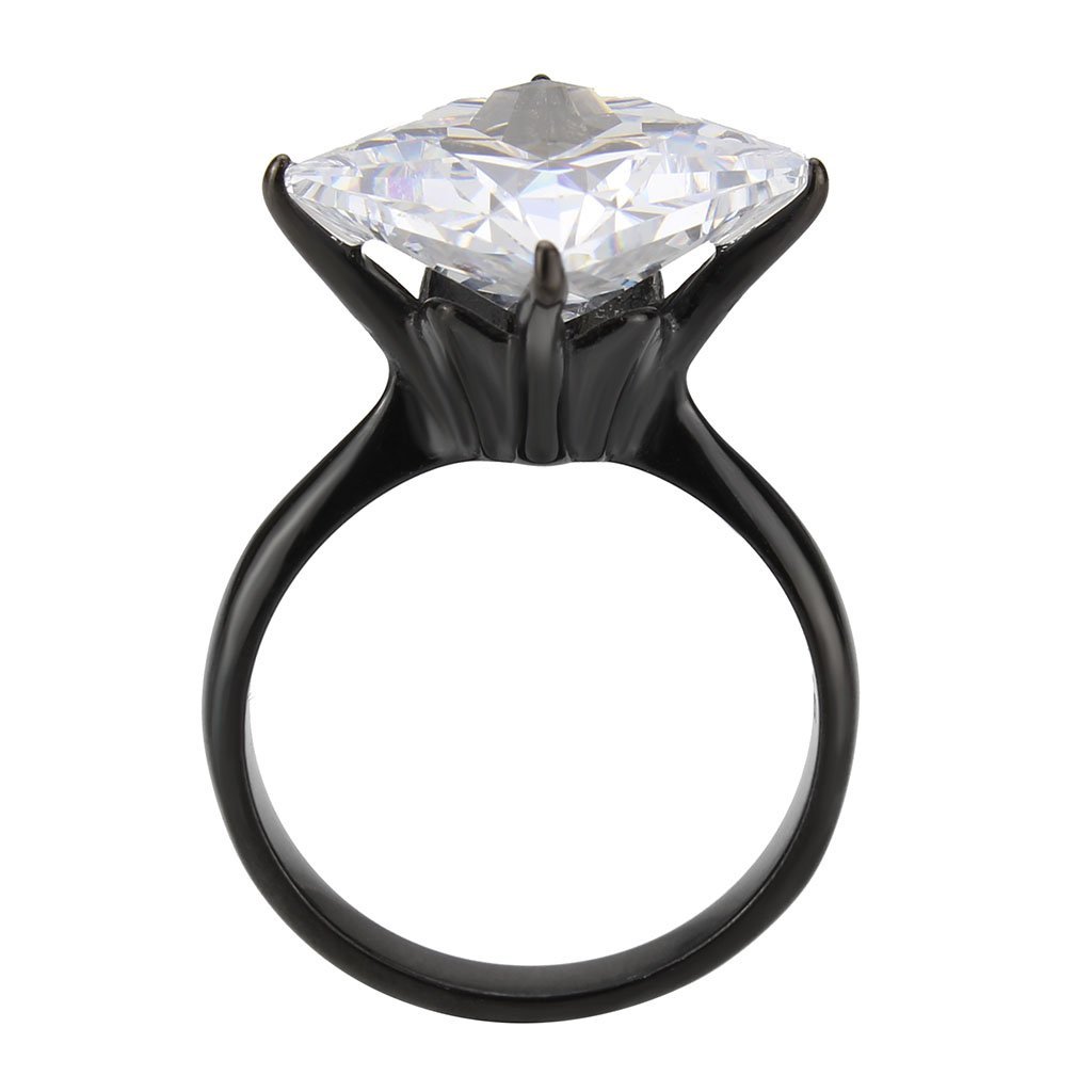 TK3736 IP Black Stainless Steel Ring featuring a clear AAA Grade CZ princess cut stone, showcasing modern elegance and durability.