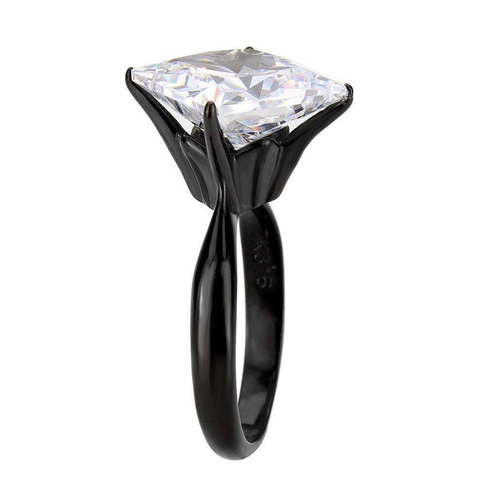 TK3736 IP Black Stainless Steel Ring featuring a clear AAA Grade CZ princess cut stone, showcasing modern elegance and durability.