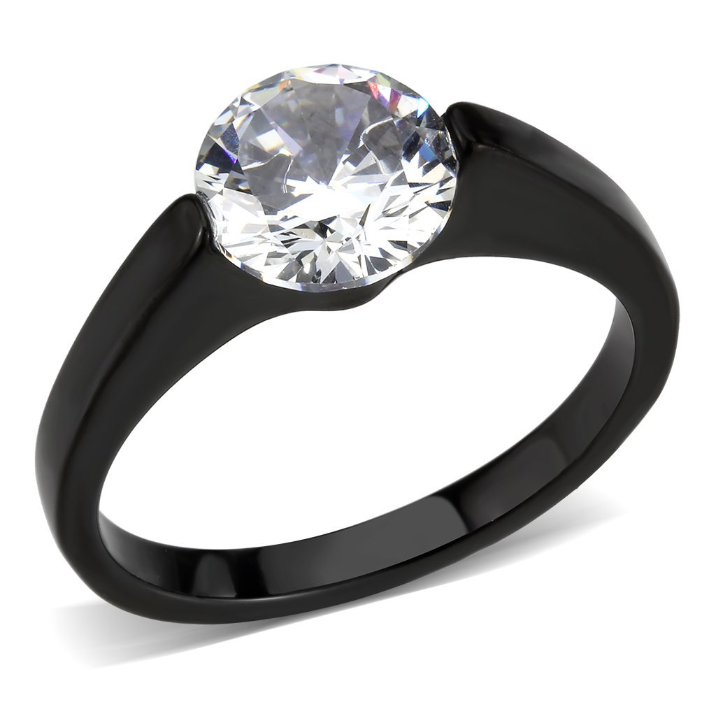 TK3737 IP Black Stainless Steel Ring featuring a clear AAA Grade CZ stone, showcasing a modern design and elegant finish.