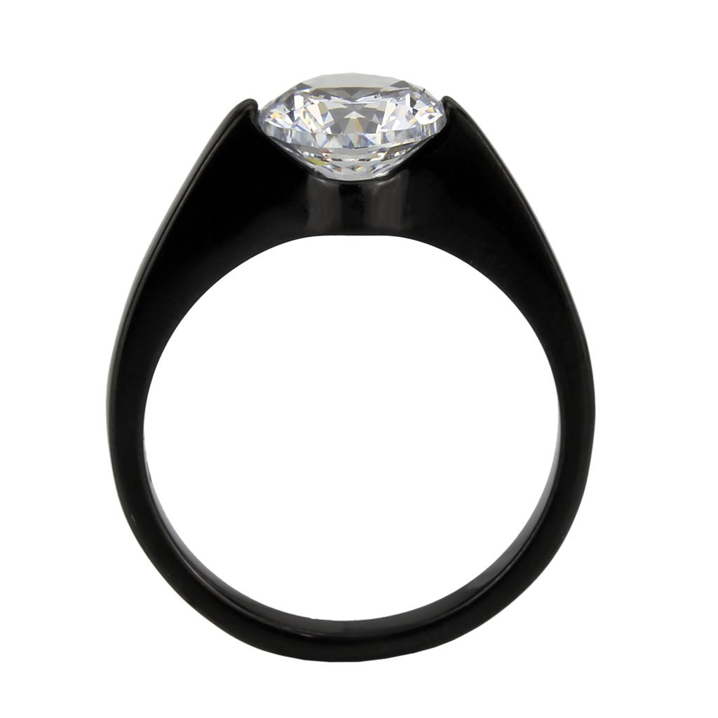 TK3737 IP Black Stainless Steel Ring featuring a clear AAA Grade CZ stone, showcasing a modern design and elegant finish.