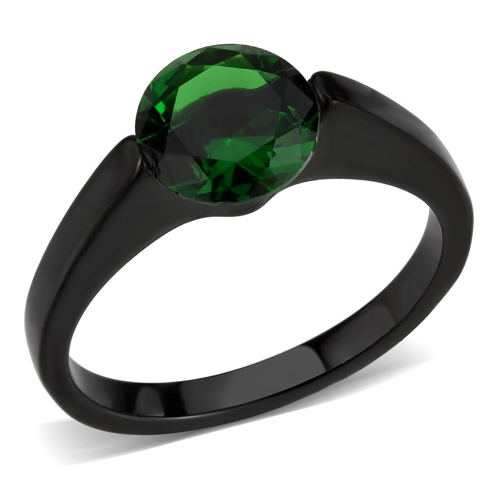 TK3738 IP Black Stainless Steel Ring featuring a vibrant synthetic emerald stone, showcasing a sleek and modern design.