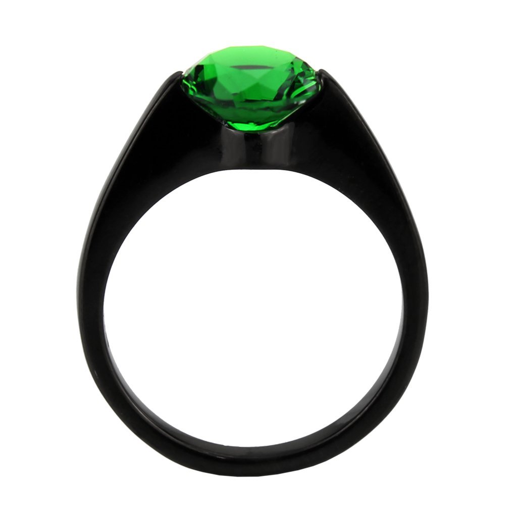 TK3738 IP Black Stainless Steel Ring featuring a vibrant synthetic emerald stone, showcasing a sleek and modern design.