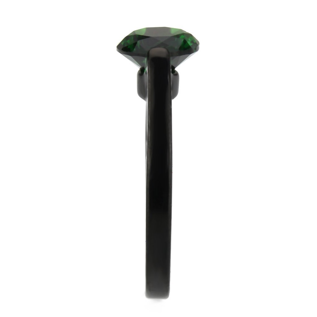 TK3738 IP Black Stainless Steel Ring featuring a vibrant synthetic emerald stone, showcasing a sleek and modern design.