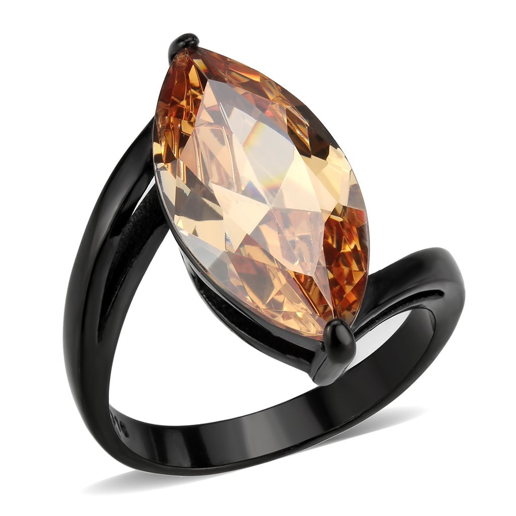 TK3745 IP Black Stainless Steel Ring featuring AAA Grade CZ stone in champagne color, showcasing a modern design.