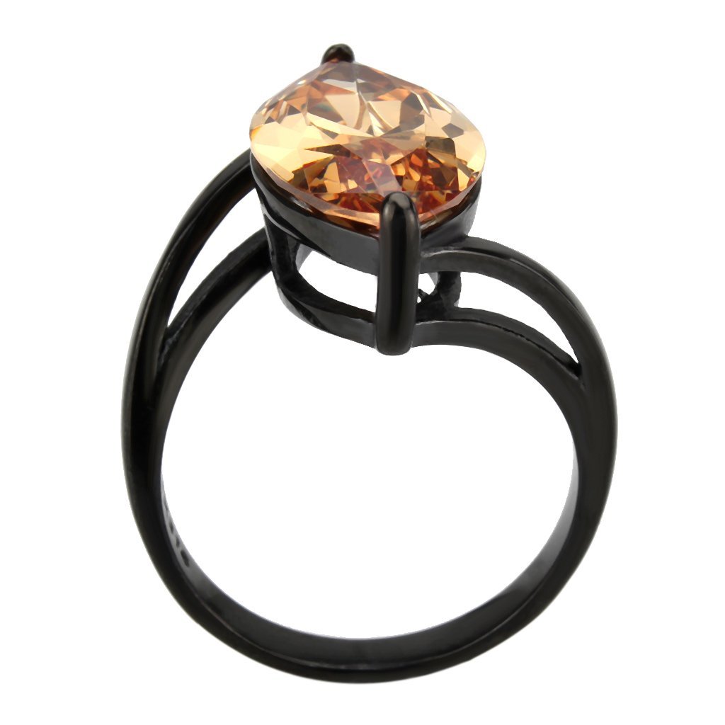 TK3745 IP Black Stainless Steel Ring featuring AAA Grade CZ stone in champagne color, showcasing a modern design.