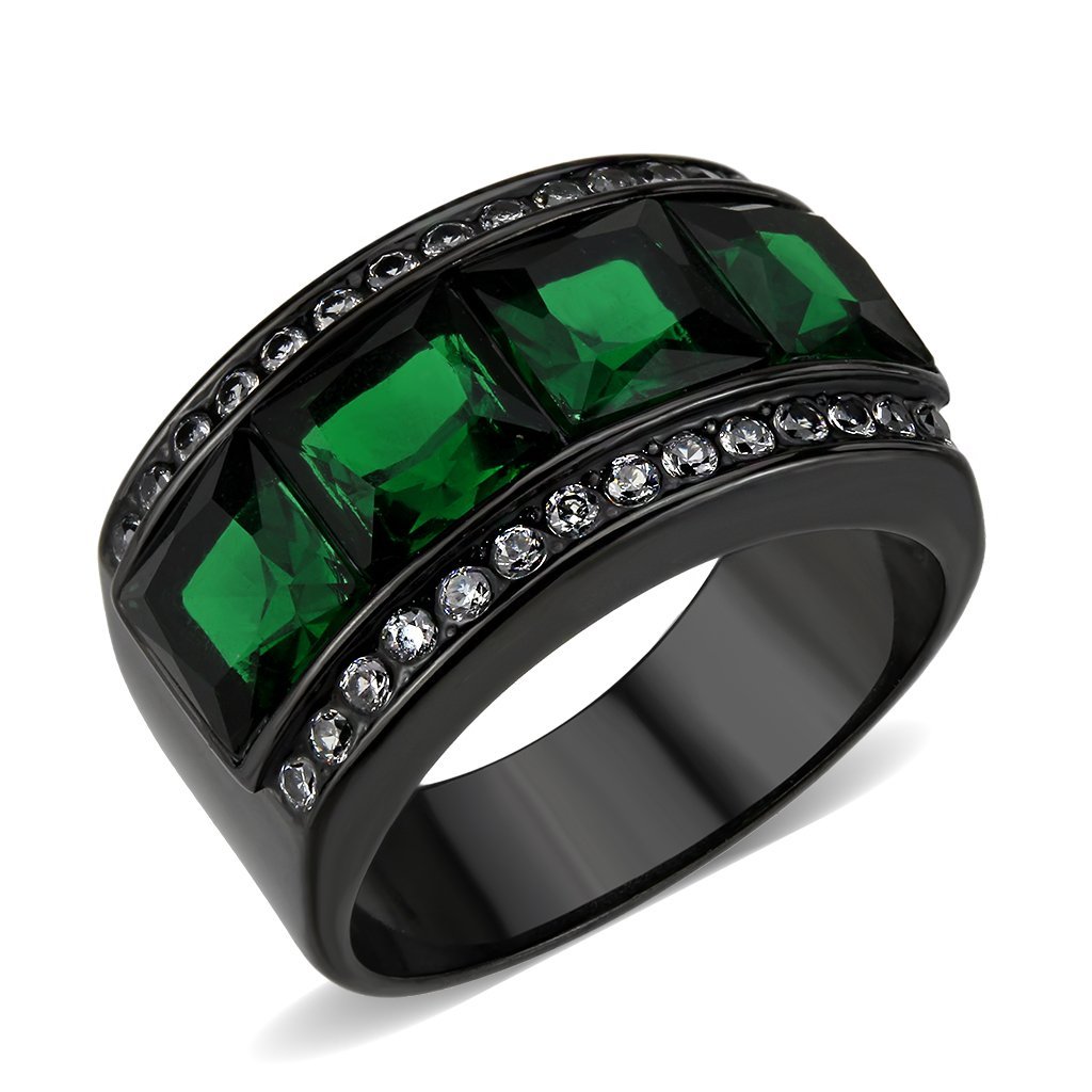 TK3747 IP Black Stainless Steel Ring featuring a vibrant synthetic emerald stone, showcasing a modern and elegant design.