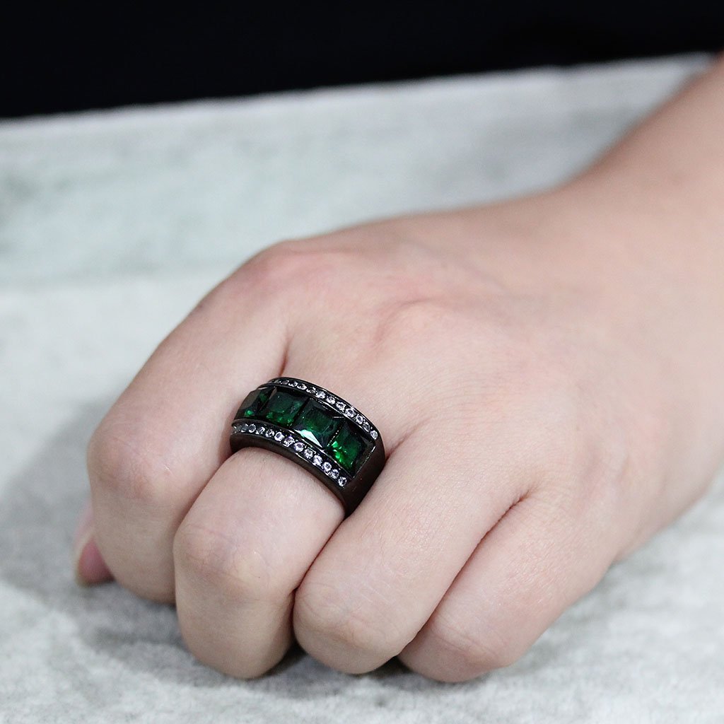 TK3747 IP Black Stainless Steel Ring featuring a vibrant synthetic emerald stone, showcasing a modern and elegant design.