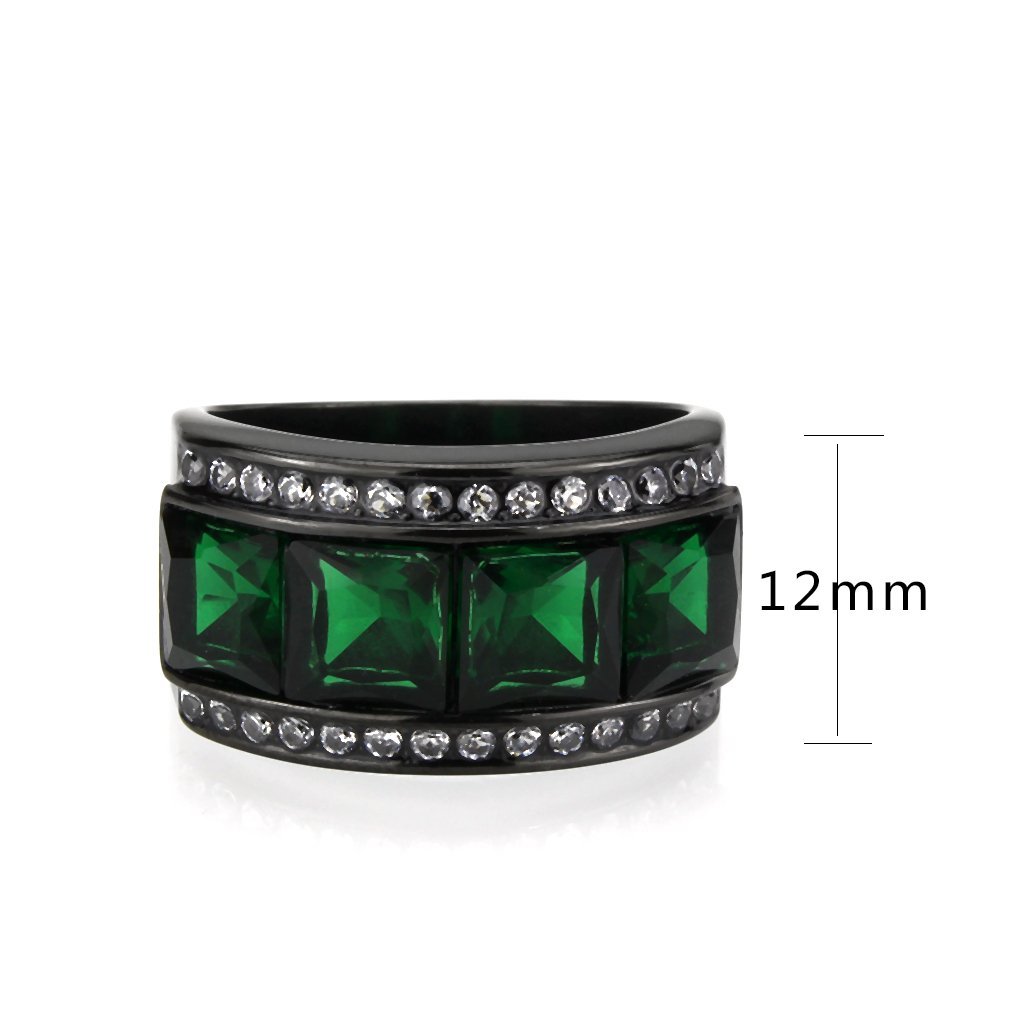 TK3747 IP Black Stainless Steel Ring featuring a vibrant synthetic emerald stone, showcasing a modern and elegant design.