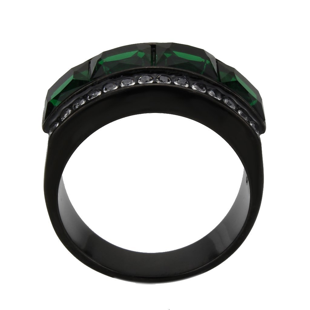 TK3747 IP Black Stainless Steel Ring featuring a vibrant synthetic emerald stone, showcasing a modern and elegant design.