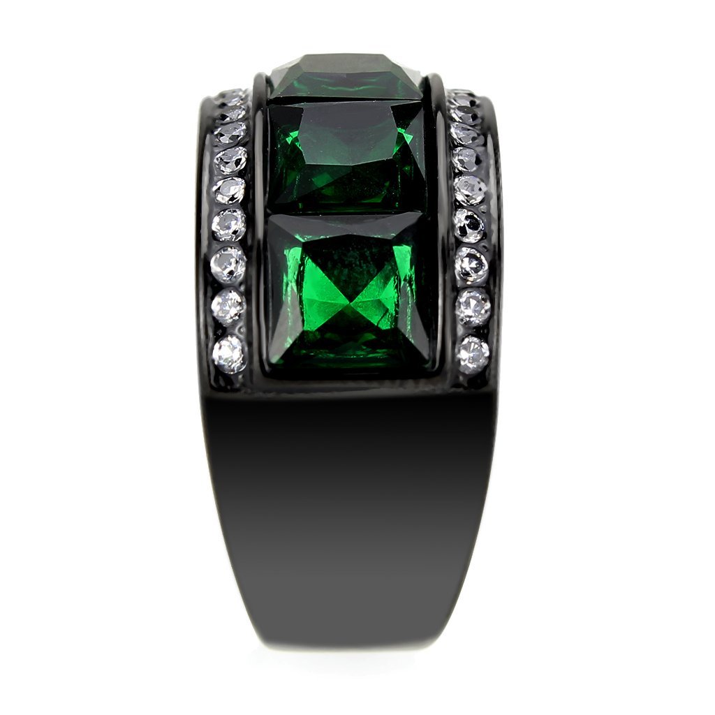 TK3747 IP Black Stainless Steel Ring featuring a vibrant synthetic emerald stone, showcasing a modern and elegant design.